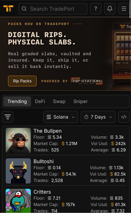 A mobile screenshot of the TradePort app displaying "DIGITAL RIPS, PHYSICAL SLABS" packs powered by Rip Station, with a trending list showing tokens like "The Bullpen," "Bulltoshi," and "Critters" on the Solana network.