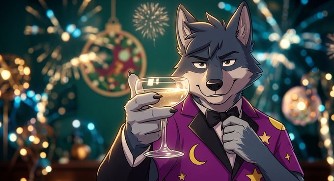 An anime-style illustration of a grey wolf character in a purple starry suit and bow tie, holding up a glass of champagne against a background of fireworks.