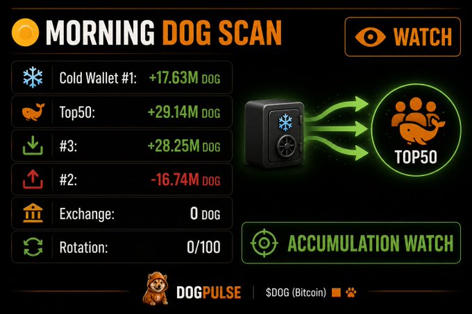 A 'Morning Dog Scan' graphic by DOGPULSE shows DOG token data including Cold Wallet #1 (+17.63M DOG), Top50 (+29.14M DOG), #3 (+28.25M DOG), #2 (-16.74M DOG), Exchange (0 DOG), and Rotation (0/100) for $DOG (Bitcoin).