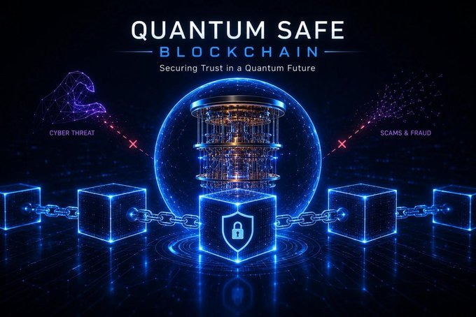 The image is a promotional graphic titled "QUANTUM SAFE BLOCKCHAIN - Securing Trust in a Quantum Future," featuring a glowing quantum processor encased in a protective shield surrounded by blockchain cubes linked by chains, with "CYBER THREAT" and "SCAMS & FRAUD" warnings on either side. It visually reinforces the post's message about blockchains needing to evolve beyond speed metrics to withstand quantum-era security challenges, aligning with Sui Network's announced quantum-resistant signature upgrades and account migration plans.