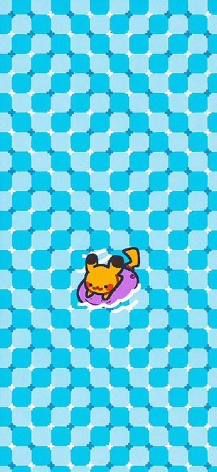A small cute cartoon cat sticker floating on a purple inflatable ring against a blue checkered patterned background.