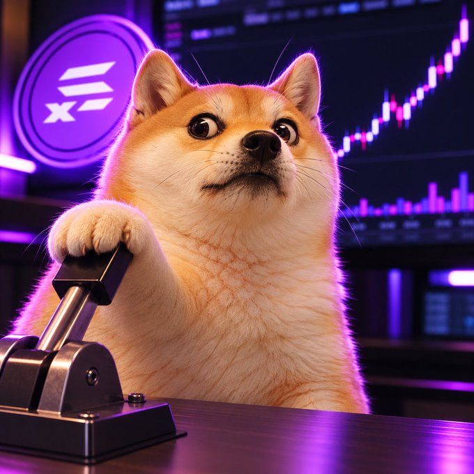 A cartoon Shiba Inu dog confidently operates a metal lever in a neon-lit trading room, with a Solflare-style "X" logo and an ascending purple-pink candlestick chart glowing behind it—visually embodying the $LEVERDOG meme of using a "lever" to boost SOL returns through xSOL.