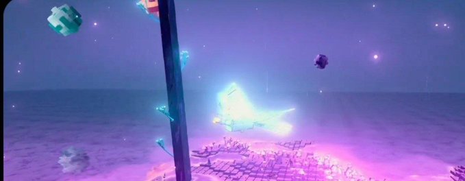 A dreamy, stylized digital scene shows a glowing jellyfish-like creature floating above a coral structure in a purple, starry ocean environment.