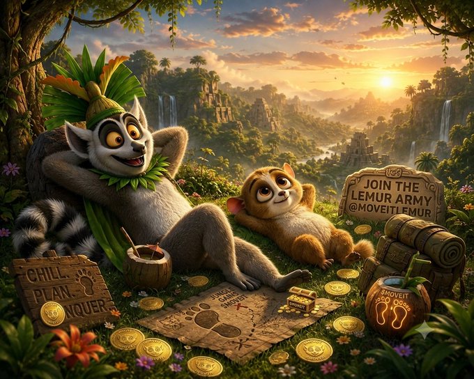 Whimsical jungle illustration of lemurs lounging, with signs reading 'JOIN THE LEMUR ARMY @MOVEITLEMUR' and 'CHILL PLAN...IQUER', along with gold coins and a coconut labeled '$MOVEIT COIN'.