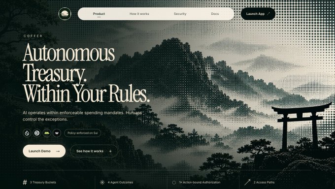 A website landing page with a mountain landscape background, titled 'Autonomous Treasury. Within Your Rules.' for a product called COFFER.