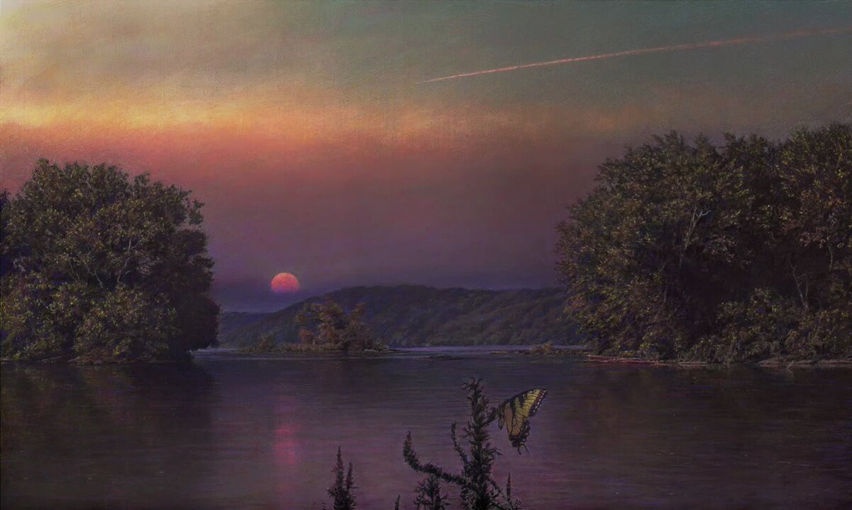 The image features a sunset over a river, with a painting of the sky and trees in the foreground. A butterfly can be seen flying near the center of the painting. The background includes a sunset that casts a warm glow over the scene, creating an atmosphere of tranquility and beauty.