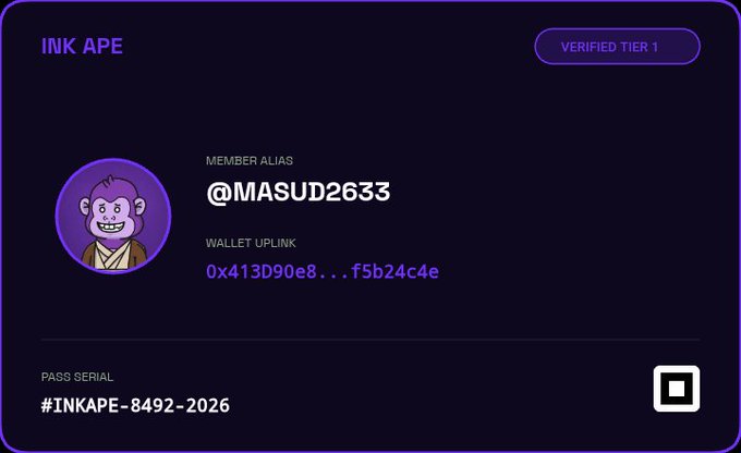 A digital membership card for INK APE displays a verified tier 1 status, member alias @MASUD2633, wallet uplink address starting with 0x413D90e8, and pass serial #INKAPE-8492-2026.