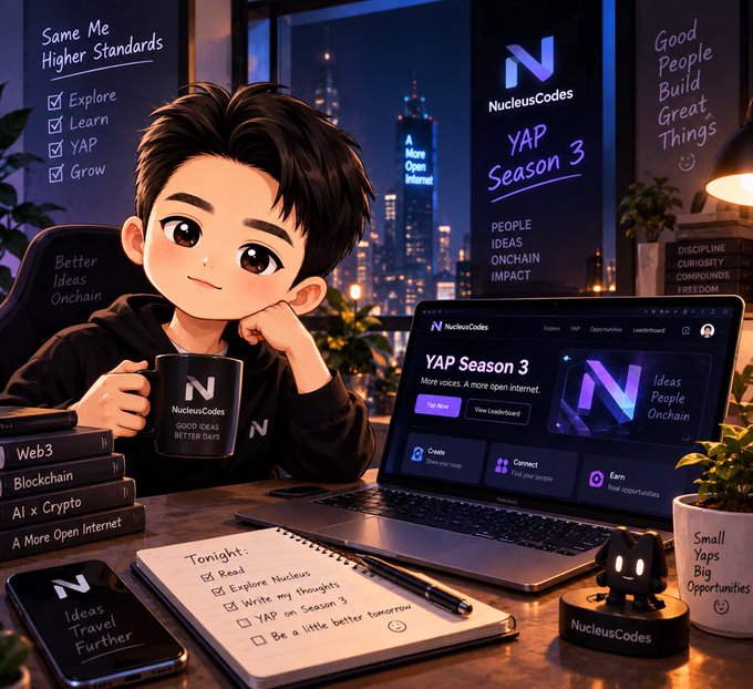 A digital illustration of a cartoon boy holding a 'NucleusCodes' mug, sitting at a desk with a laptop displaying 'YAP Season 3' and 'NucleusCodes' branding, alongside a to-do list.
