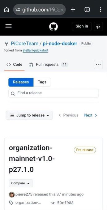 A mobile screenshot of the GitHub repository page for PiCoreTeam/pi-node-docker, showing a pre-release titled 'organization-mainnet-v1.0-p27.1.0' released by pierre275 37 minutes ago.