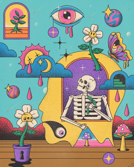 A vibrant psychedelic illustration featuring a skeleton holding a flower inside a yellow head silhouette, surrounded by surreal elements including melting eyes, smiling flowers, mushrooms, stars, and dripping clouds against a turquoise background.