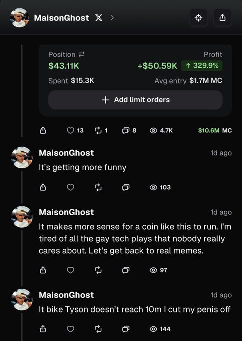 A screenshot of MaisonGhost's X profile shows impressive crypto trading stats with a position worth $43.11K and profit of +$50.59K (329.9%), along with recent posts including the humorous threat "It bike Tyson doesn't reach 10m I cut my penis off" that connects to the @biketysonsol reference about bravado until facing consequences.