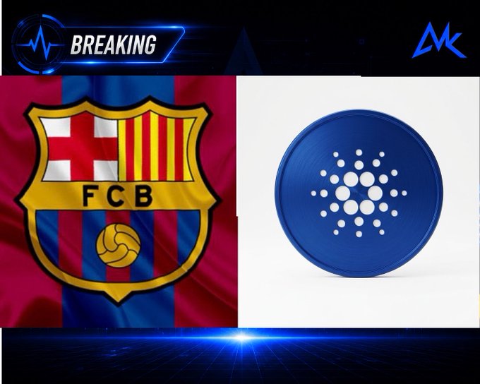 A breaking news graphic displaying the FC Barcelona (FCB) crest alongside a blue cryptocurrency token logo with 'MK' branding in the corner.