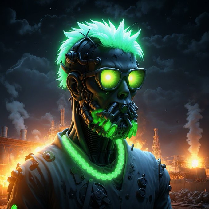 A cybernetic figure with glowing green mohawk hair, sunglasses, and mechanical jaw details, wearing a glowing green chain necklace, set against a dark industrial background with smoke stacks and fires.