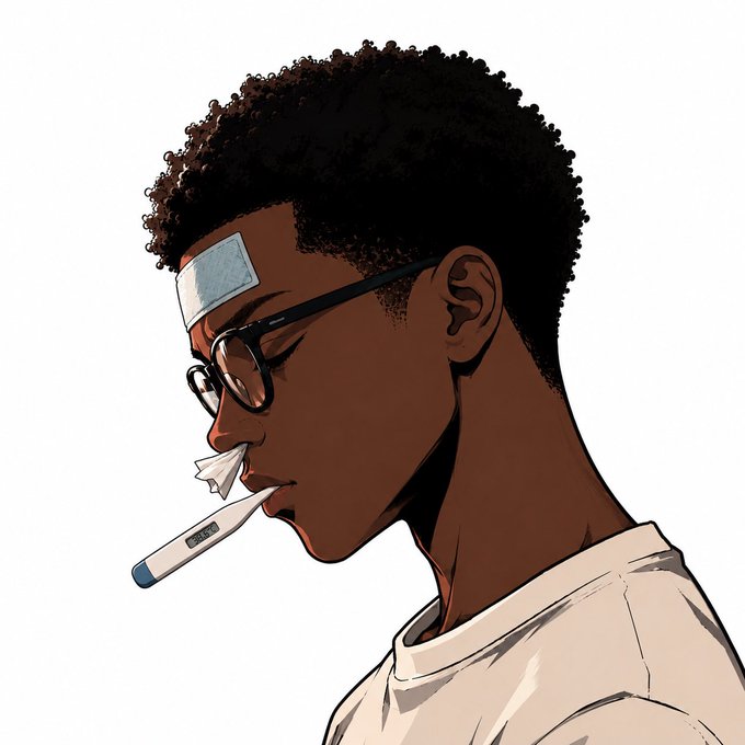 An illustrated profile portrait of a young man with curly hair, glasses, and a thermometer in his mouth, with a cooling patch on his forehead and a tissue held to his nose.