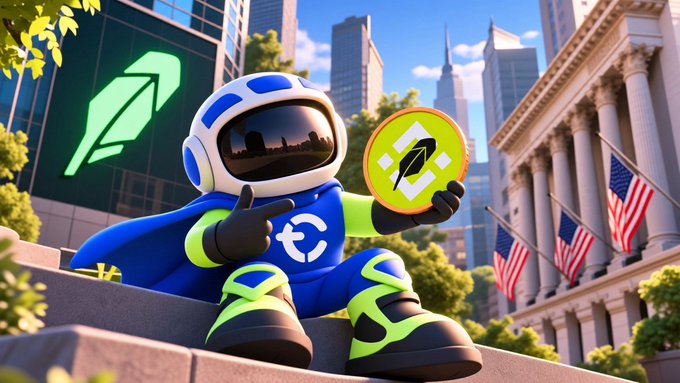 A cartoon astronaut mascot in a blue and green suit gives a thumbs-up while holding a glowing orange Robinhood logo emblem, with the Robinhood feather icon displayed on a nearby screen and American flags adorning a classical building in the background. The image visually represents Robinhood ($HOOD) as a powerful, forward-looking fintech company expanding into various financial sectors from its American roots.
