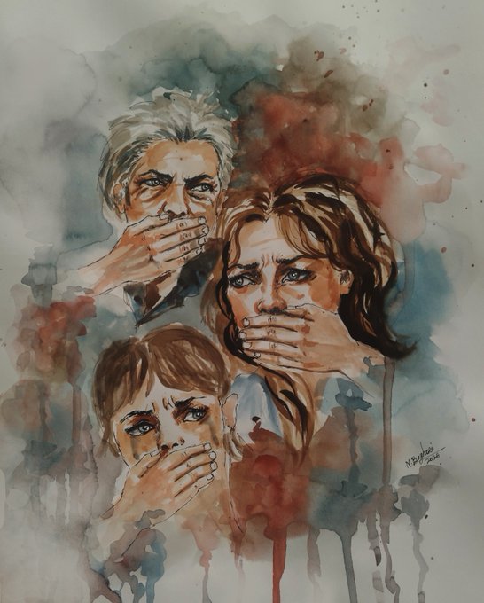 A watercolor painting depicting three people—an older man, a woman, and a young girl—each covering their mouths with their hands against a dark, blood-like splattered background.