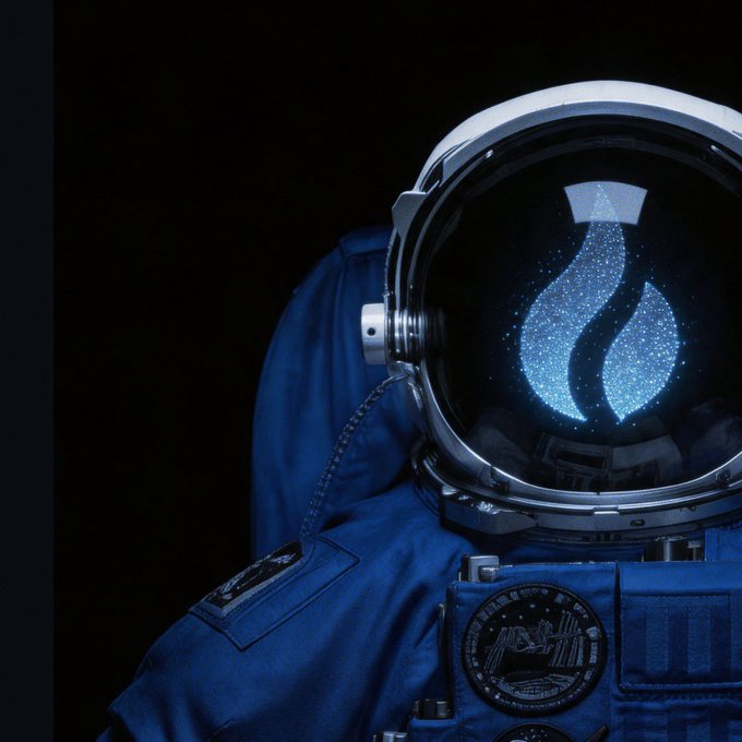 A close-up of an astronaut in a blue spacesuit with a visor reflecting two blue flame logos and a starry sky, set against a dark background.