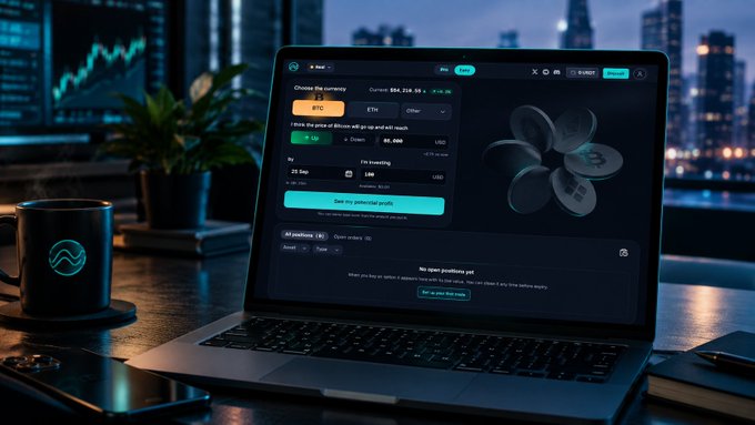 A laptop on a dark desk displaying the Reef crypto trading interface with a currency converter (BTC to USD showing 99.20), open positions, and a 3D animated logo, with a matching branded mug beside it and a city skyline visible through the window.