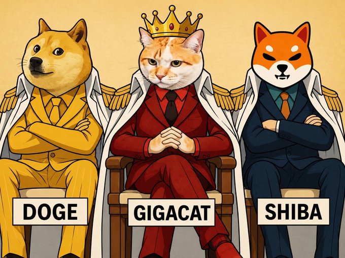 An illustration depicting three animals as royalty: a Shiba Inu dog labeled 'DOGE' in a yellow suit, a cat labeled 'GIGACAT' wearing a red suit and crown, and another dog labeled 'SHIBA' in a blue suit.