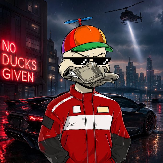 An edgy cartoon duck wearing pixelated sunglasses, a propeller hat, and a red racing jacket stands in a rainy cityscape with a sports car and helicopter, next to a neon sign reading 'NO DUCKS GIVEN'.