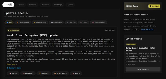 Kendu Inu Updates Feed showing a 'Development' post titled 'Kendu Brand Ecosystem (KBE) Update' dated 28 Aug 2024, with tabs for All, Development, Partnership, Community, Listing, Event, and Announcement.