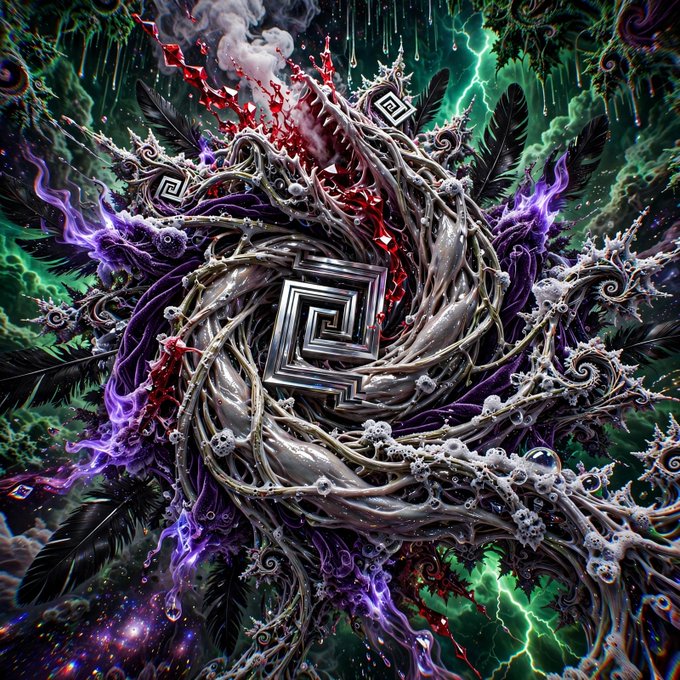 An intricate, surreal digital artwork featuring swirling organic tendrils, dark feathers, geometric maze patterns, and chaotic splashes of red, purple, and green energy.