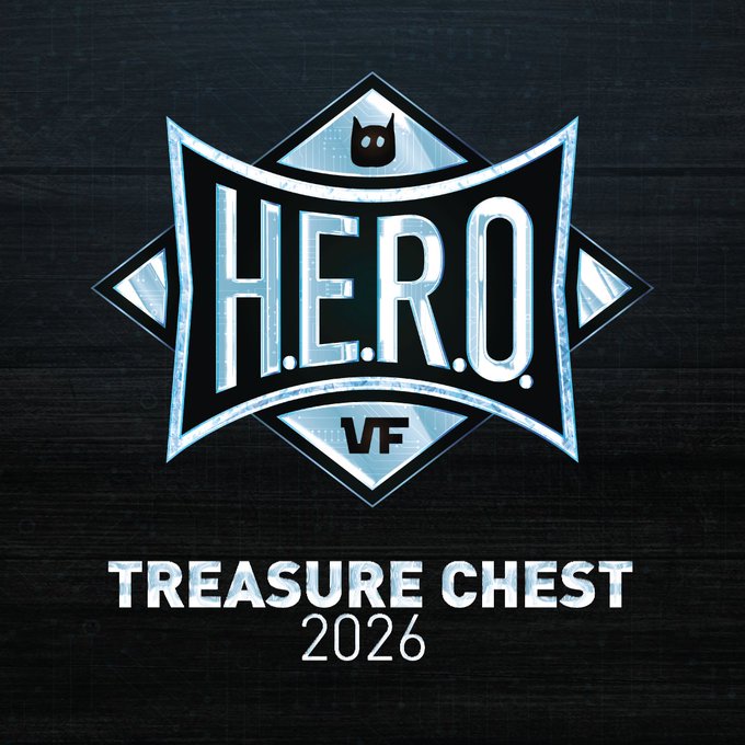The image features the H.E.R.O. VF (VeeFriends) logo with a small cat icon, displayed above the text "TREASURE CHEST 2026" against a dark wooden background, relating to the post's mention of Gary Vaynerchuk (@garyvee) and VeeFriends' H.E.R.O. initiative.
