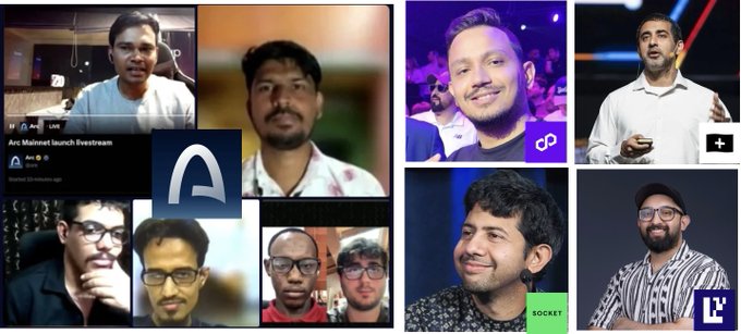 The image showcases a collage of prominent Indian tech founders and entrepreneurs, including Balaji Srinivasan (@balajis), Sandeep Nailwal (@sandeepnailwal of @0xPolygon), and others like the founders of Zerodha and Unacademy, aligning with the post's celebration of successful Indian tech leaders in the crypto and startup space. Visible text includes "Arc Mainnet launch livestream," "Socket," and various brand logos, highlighting their contributions to blockchain and technology.
