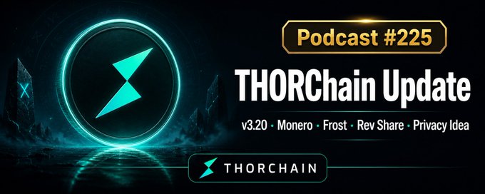 A promotional banner for 'THORChain Update' Podcast #225, listing topics like v3.20, Monero, Frost, Rev Share, and Privacy Idea, featuring the ThorChain logo.