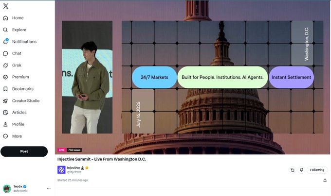 A Twitter/X post from Injective (@injective) showing their Summit livestream from Washington D.C. on July 14, 2026, with taglines '24/7 Markets', 'Built for People. Institutions. AI Agents', and 'Instant Settlement'.