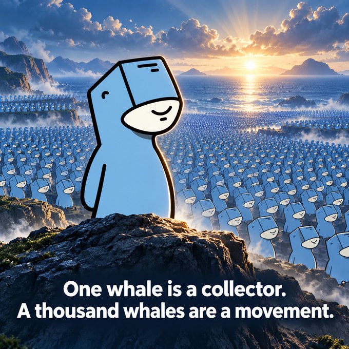 Motivational meme showing a cartoon whale character overlooking an army of similar whales with the text 'One whale is a collector. A thousand whales are a movement.'
