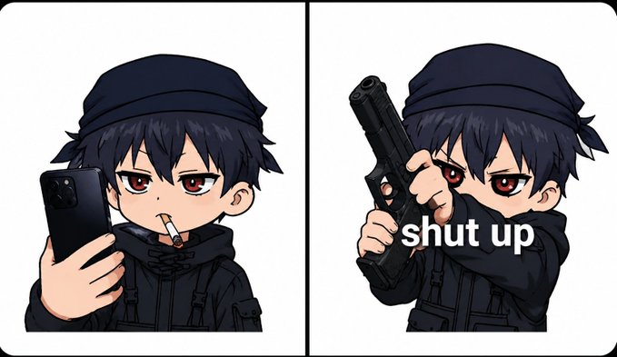 A two-panel chibi-style anime meme shows a dark-haired character smoking while holding a phone, then aiming a gun at the viewer with the text "shut up".
