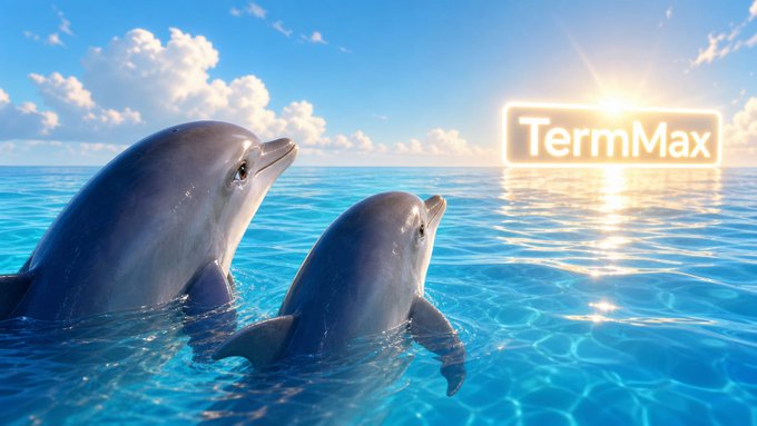The image features two dolphins swimming together in a body of water, with the sun shining brightly above them. The background shows a blue sky filled with clouds, creating a beautiful contrast against the water below. In the foreground, there are words written on the image that read "TermMax".