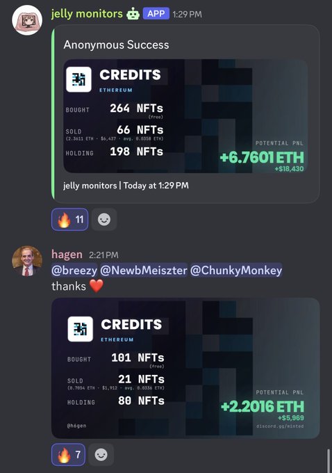 Two Discord messages showcase user performance stats for the "CREDITS" Ethereum NFT collection: "jelly monitors" (an app/bot) reports 264 NFTs bought, 66 sold (3.5615 ETH), and a potential PNL of +6.7601 ETH ($18,430) on 198 holdings, while user "hagen" shows 101 bought, 21 sold (0.7904 ETH), and +2.2016 ETH ($5,969) on 80 holdings, illustrating the community-driven success highlighted in the accompanying post about collective minting efforts in collections like Checks, Opepens, and other Open Editions.