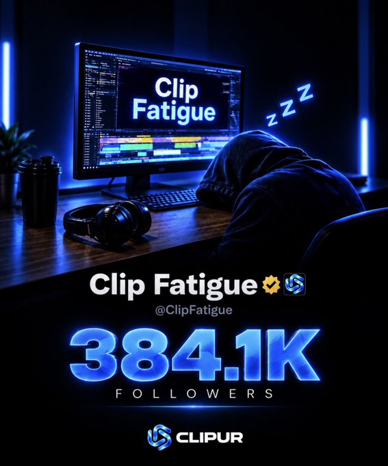 A promotional graphic for 'Clip Fatigue' (@ClipFatigue) showing 384.1K followers on Clipur, featuring a stylized image of a person slumped asleep (zzz) at a video editing workstation with headphones and a timeline visible on screen.