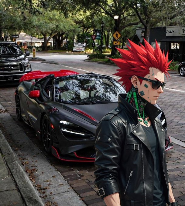 An anime-style character with spiky red hair, sunglasses, and a black leather jacket standing in front of a black and red McLaren sports car parked on a brick street.