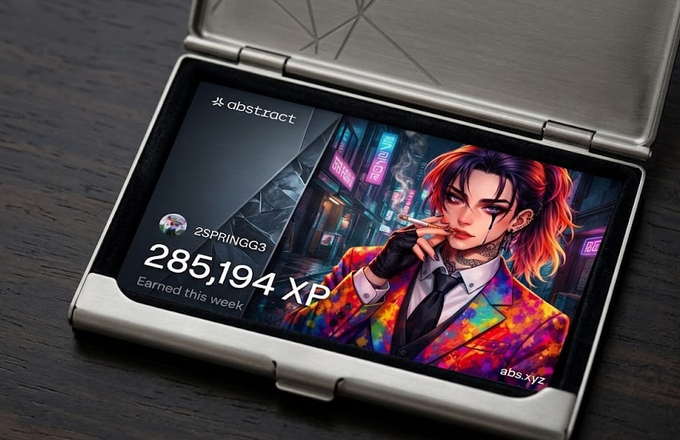 The image features a silver wallet open on a wooden surface with an anime-style picture of a woman wearing a colorful outfit and holding a cigarette, accompanied by text that reads "Happy XP Day It'S Abstract( @AbstractChain ) XP day! Hit +285,194 XP this week. Mainly grinded on Rug Pull Bakery, tollan, and MOG over the past week." The wallet is open to an anime-style image of a woman with a colorful outfit and holding a cigarette, which appears to be the main focus of the photo.
