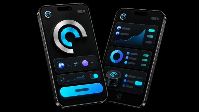 Two smartphones displaying a dark-themed cryptocurrency dashboard with blue accents, charts, and a stylized 'C' logo.