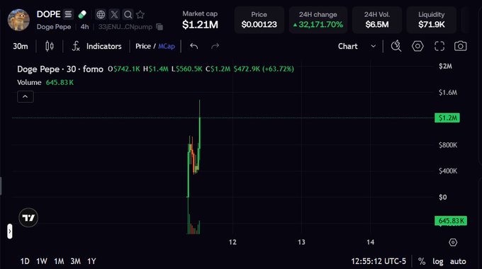 A cryptocurrency chart for 'Doge Pepe' (DOPE) showing a price of $0.00123, market cap of $1.21M, and a 24H change of +32,171.70%.