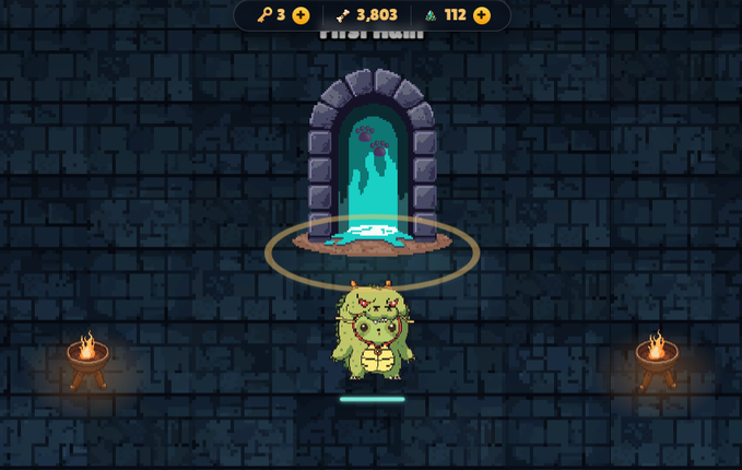 The image shows a pixel-art game scene featuring a green wolf-like character standing in front of an arched portal with a teal glow, set against a dark stone dungeon wall with lit braziers on either side. The game UI displays stats including "3" keys, "3,803" coins, and "112" gems, illustrating the "Den Raid" game mode where the user's Snoozie NFT is exploring a dungeon as mentioned in the post.