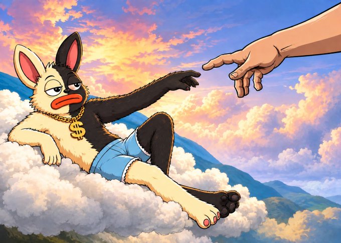 A tired-looking llama with a gold dollar charm lounges on a cloud at sunset, mirroring Michelangelo's "Creation of Adam" as it lazily reaches toward an outstretched human hand. The image cleverly riffs on the "lazy airdrop" theme, suggesting participants simply need to submit their SOL wallet to effortlessly receive free tokens rather than working hard.