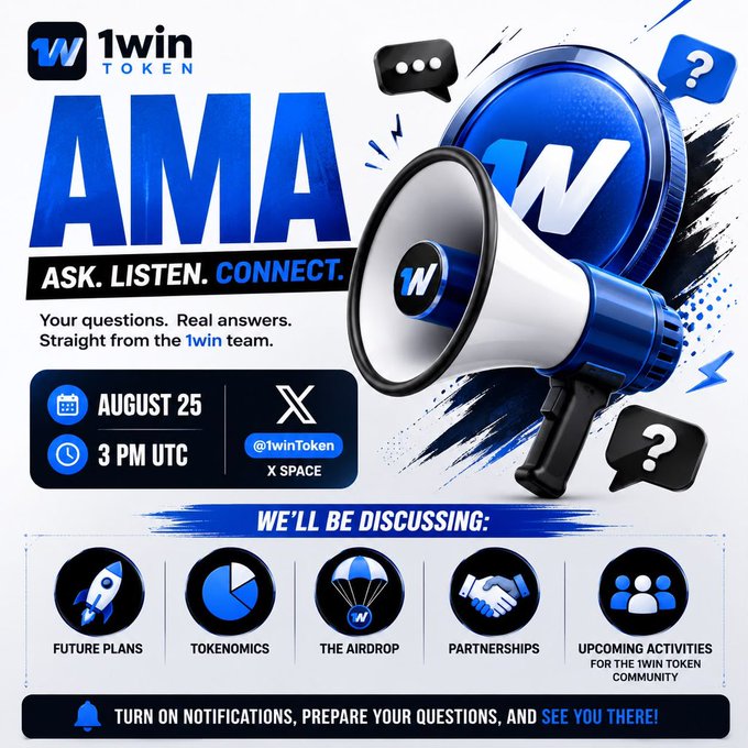 Promotional graphic for the 1win Token ($1WIN) AMA session scheduled for August 25 at 3 PM UTC on X Space (@1winToken), featuring a large megaphone and covering topics including future plans, tokenomics, the airdrop, partnerships, and upcoming community activities.