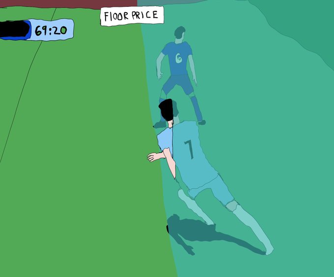 Two cartoon-style soccer players wearing jerseys numbered 6 and 7 in blue and red kits run across a green field beneath a "FLOOR PRICE" label and a countdown timer reading "69:20," illustrating the satirical comparison of NFTs priced like digital trading cards to players being valued and timed on the pitch.