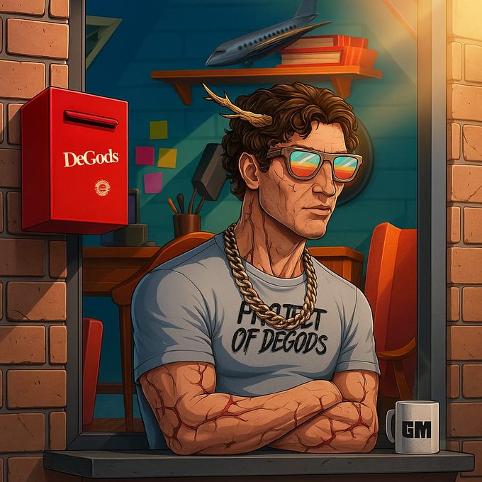 An illustrated digital artwork of a muscular man with curly brown hair and reflective sunglasses, wearing a "Product of DeGods" t-shirt and a gold chain, sitting at a desk with a "DeGods" branded red box and a "GM" coffee mug.