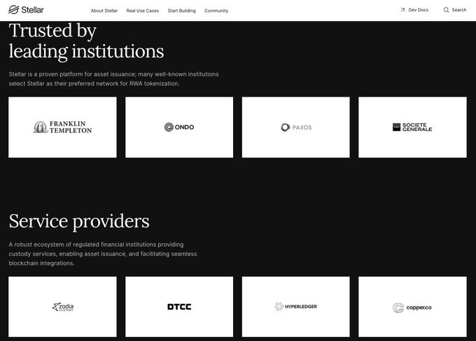 The image shows the Stellar website highlighting that the blockchain is "Trusted by leading institutions," featuring logos of major partners including Franklin Templeton, Ondo, Paxos, and Société Générale under asset issuance, along with service providers like Zodia, DTCC, Hyperledger, and Coppèco.

The post argues that despite $XLM's price decline ("chart turns red"), the underlying fundamentals are strengthening, pointing to Franklin Templeton's trust in Stellar for RWA tokenization as evidence of real institutional progress happening beneath the surface price action.