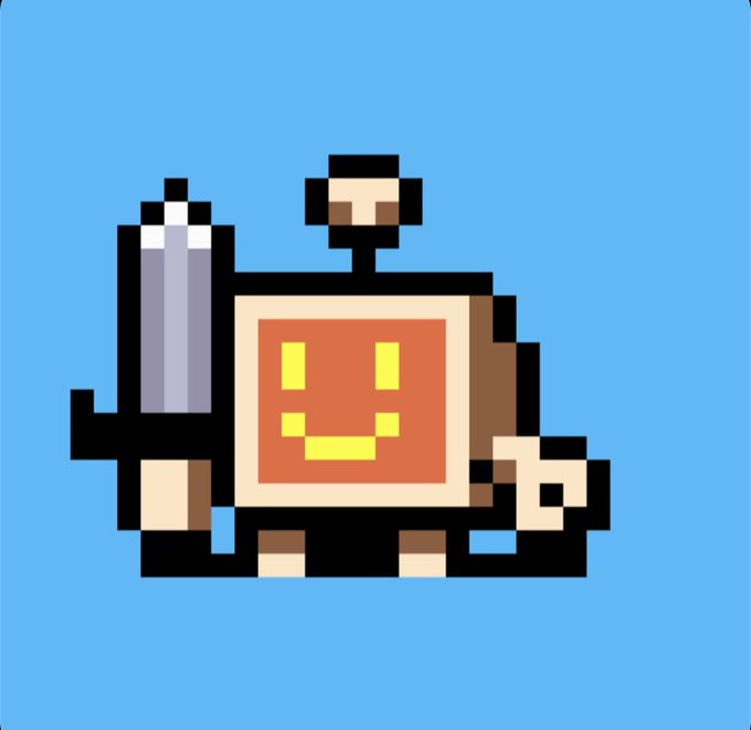 A simple pixel-art character with a smiley face, antenna, and a tank-like body on a solid blue background.