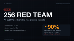 The image displays a webpage from Bitcoin News BTC titled "256 RED TEAM" with the subtitle "We audit the software that runs Bitcoin's banknote," highlighting a "~90%" statistic and featuring a "BTC2020 Lite use-case N" code snippet.

The post celebrates the 256 Red Team's auditing efforts as embodying Bitcoin's "Don't Trust, Verify" ethos, presenting the webpage as visual evidence of active software security auditing within the Bitcoin ecosystem.