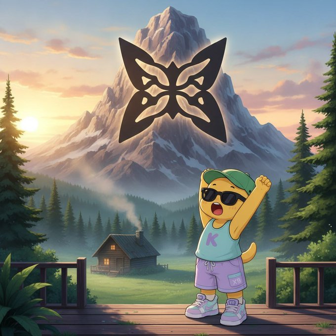 A cartoon yellow character wearing sunglasses and a green cap celebrates triumphantly on a deck with a "K" on its shirt and "X9" on its shorts, set against a scenic mountain backdrop featuring a log cabin, a giant butterfly logo, and a sunset. The image serves as a vibrant visual metaphor for the post's celebration of quantum advantage, with the character's exuberant pose symbolizing the D-Wave annealer's decisive victory over classical simulated annealing in 1,930 portfolio optimization races.