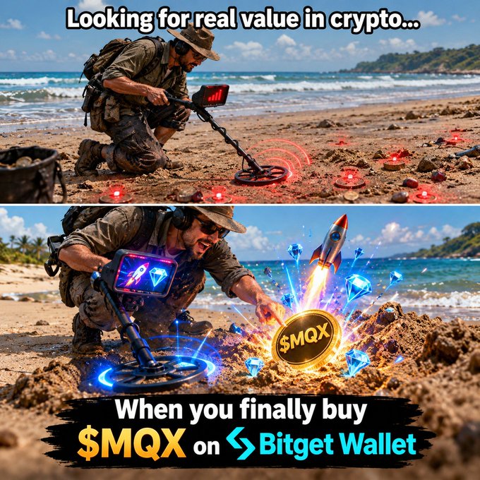 A meme advertisement showing a treasure hunter on a beach digging for 'real value' and finding a '$MQX' rocket launch, promoting buying $MQX on Bitget Wallet.