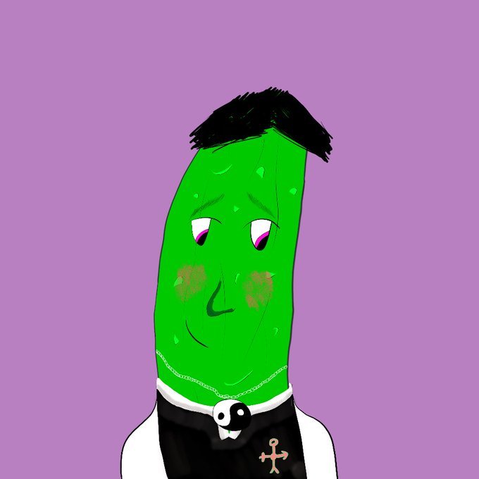 Digital illustration of a stylized anthropomorphic green pickle/cucumber character with black hair, wearing a yin-yang necklace and a black vest with an anchor symbol, set against a purple background.